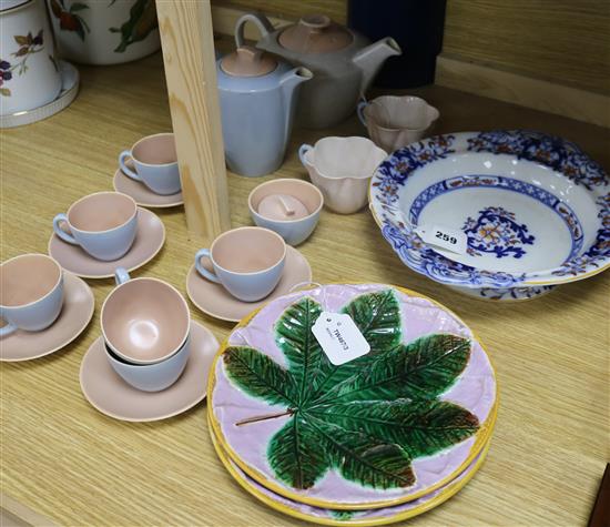 A pair of George Jones majolica leaf-patterned plates and sundry ceramics,